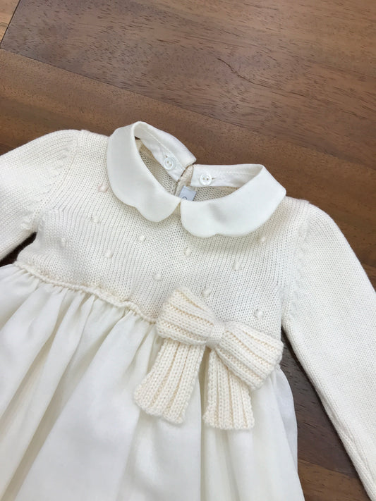 Abitino Colibrì con corpetto in lana manica lunga con fiocco laterale panna gonna in raso e fiocco sul retro