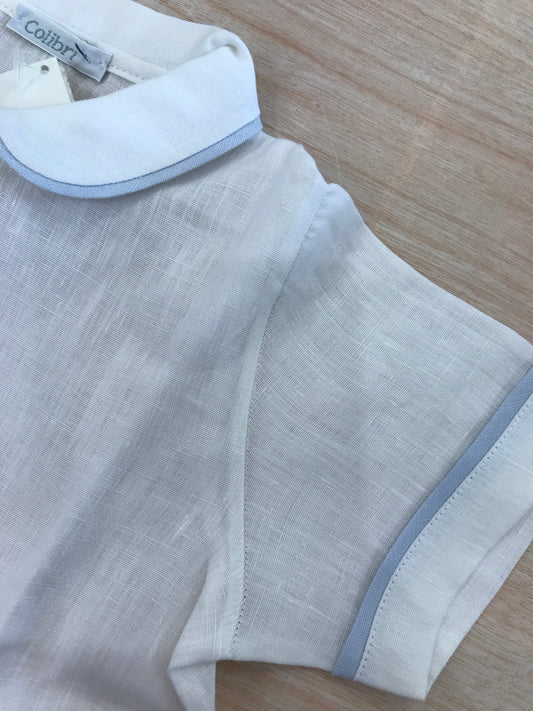 Camicia Colibrì in lino mezza manica con profilo celeste con bottoncini sul davanti