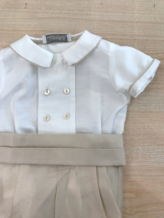 Completo Crochette in cotone camicia mezza manica con bottoncini sul davanti con pantalone all'inglese con fascia di pieghe sul davanti