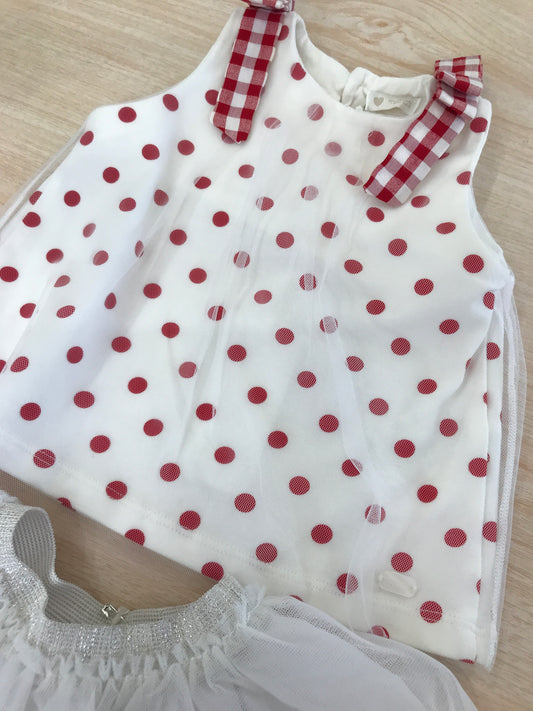 Completo Nanan gonna in tulle con fiori con t-shirt smanicata con pois rossi e fiocchi sulle spalline