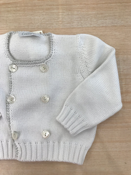 Cardigan Colibrì in filo bianco doppio petto con bottoncini e rifiniture grigie