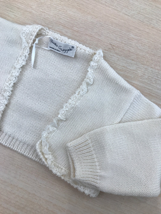 Cardigan Piccola Giuggiola in lana panna con valancienne al bordo