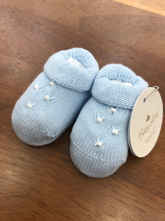 Babbucce Baby Lord in filo celeste con lavorazione di punto smock bianco