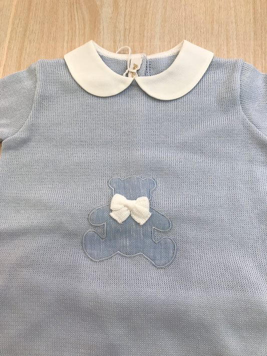 Completo Baby Lord in filo celeste e bianco due pezzi mezza manica con collo tondo con orsetto e fiocco sul davanti