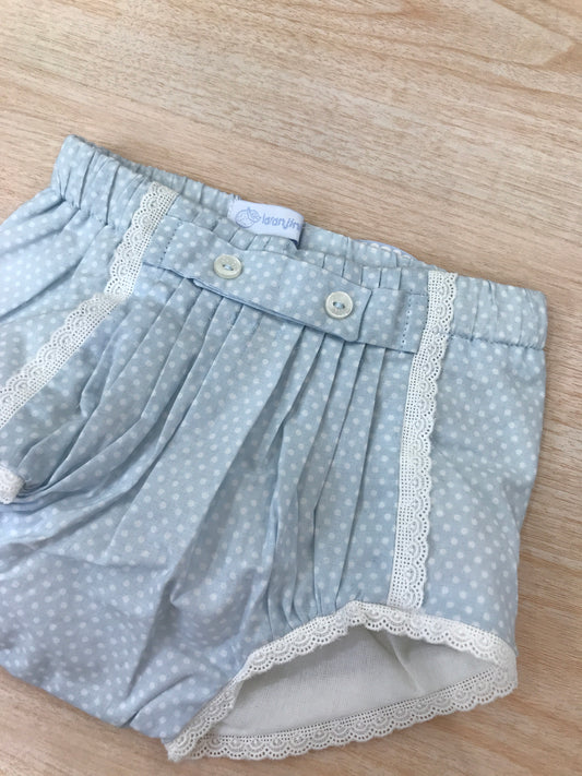 Culotte Laranjinha in cotone celeste con pois bianchi smerlata con san gallo sul davanti interno bianco
