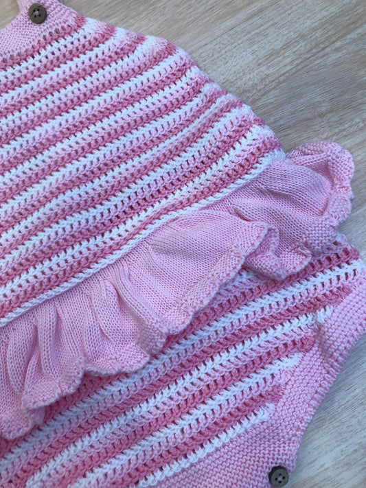 Pagliaccetto PCS in filo rosa con bretelle con rusche in vita a righe bianche e tonalità di rosa