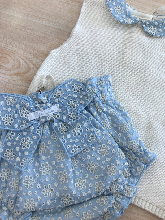 Completo Nanan due pezzi in filo di cotone con collo con san gallo con culotte con fiocco
