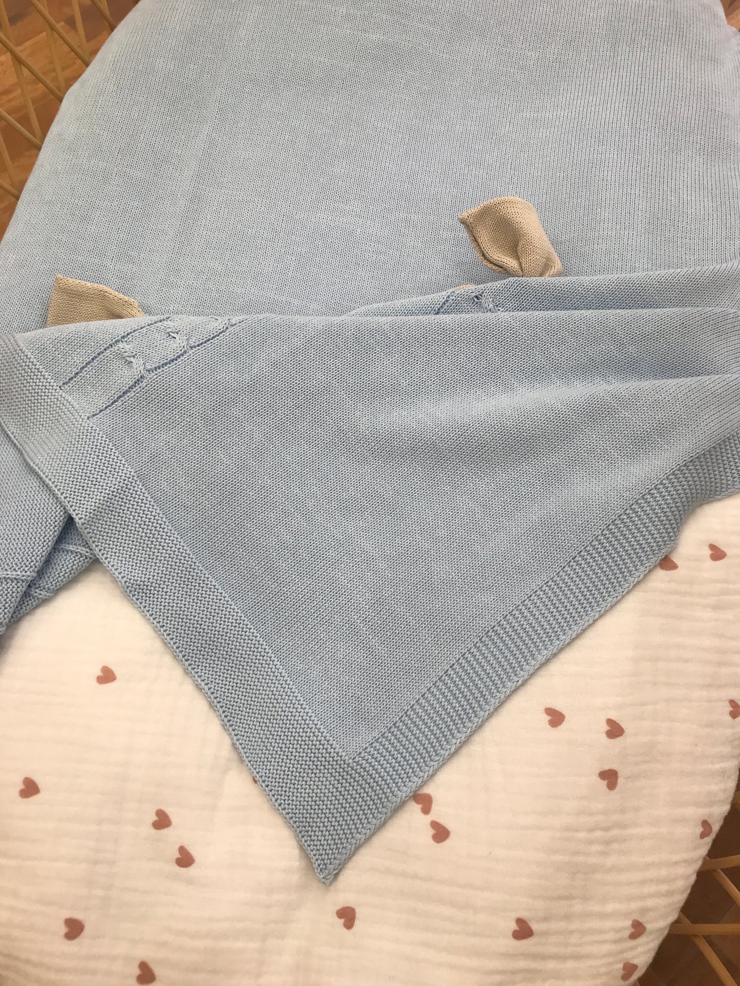 Coperta Le Dodò in filo celeste con trecce e fiocchi tortora sul davanti