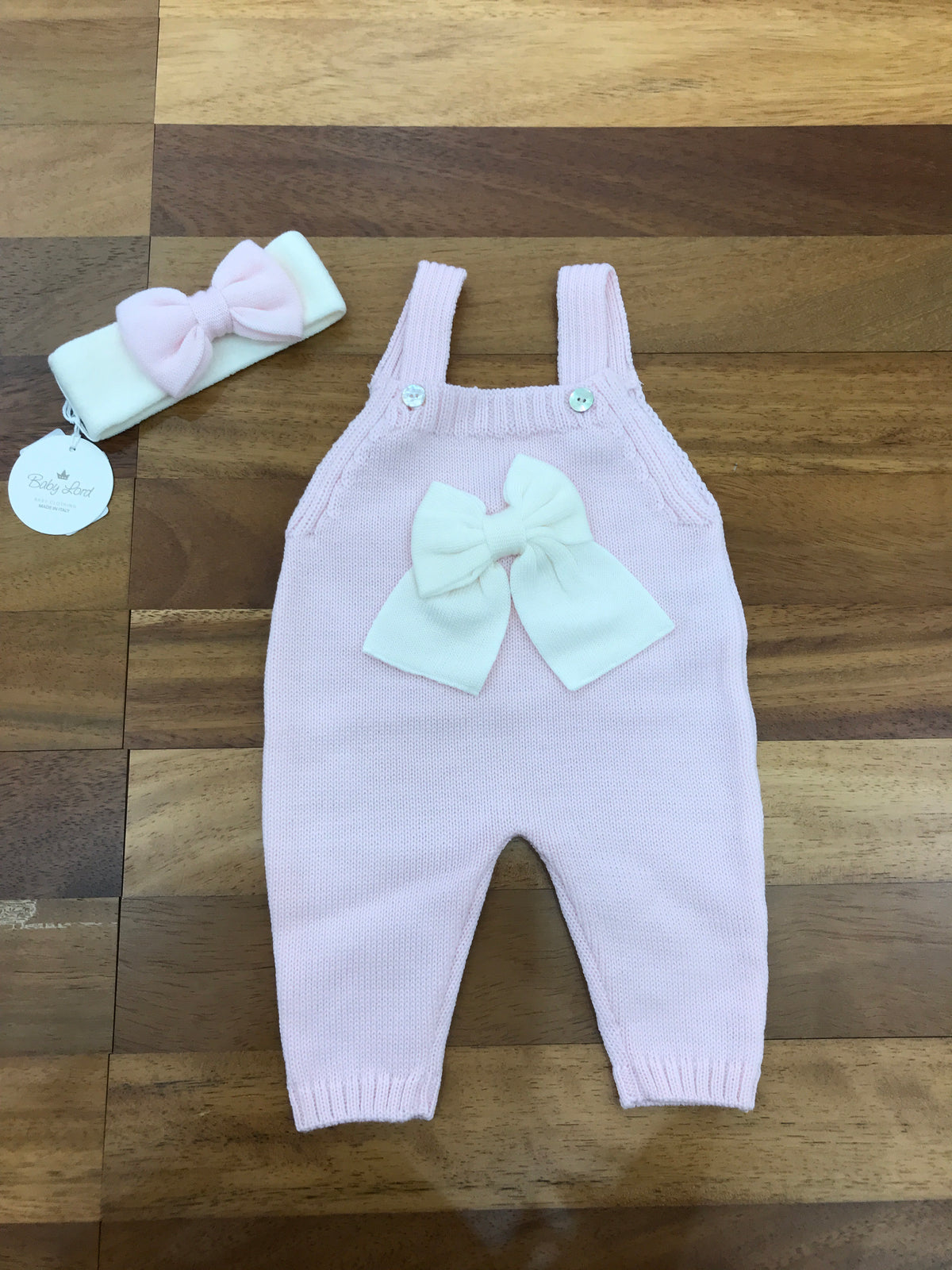 Salopette baby lord in lana con bretelle e fiocchetto