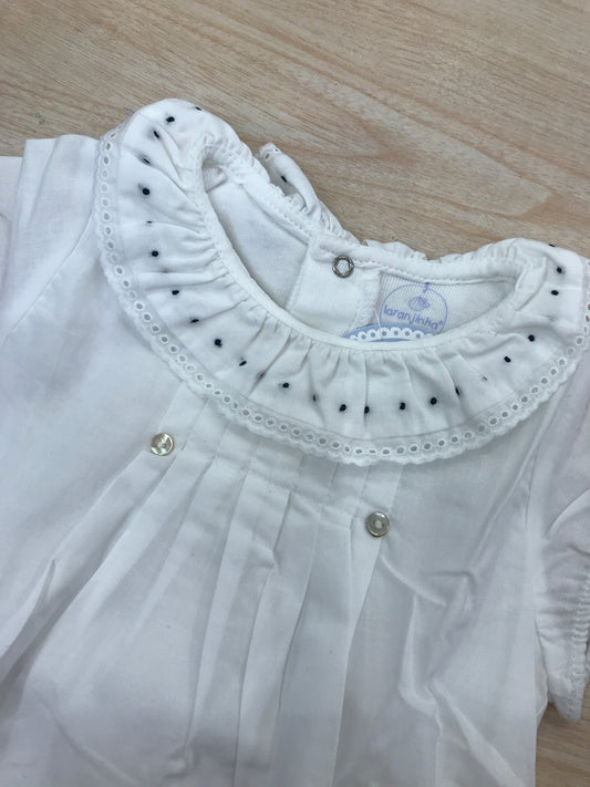 Body Laranjinha in cotone mezza manica effetto camicia con rusche con pois blu scuro
