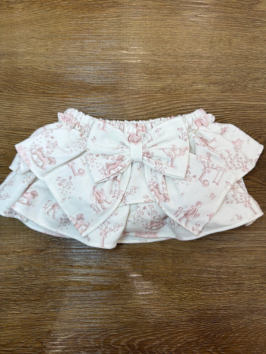 Culotte in caldo cotone con fantasia e doppia balza porta sul retro un fiocco con la stessa fantasia.