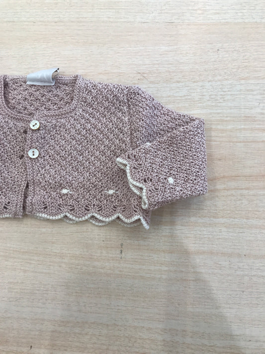 Cardigan Paz Rodriguez in filo rosa antico traforato e rifinito in panna