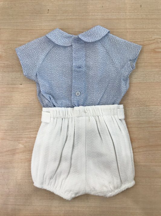 Completo Paz Rodriguez in cotone camicia mezza manica celeste con pois bianchi con pantalone corto bianco