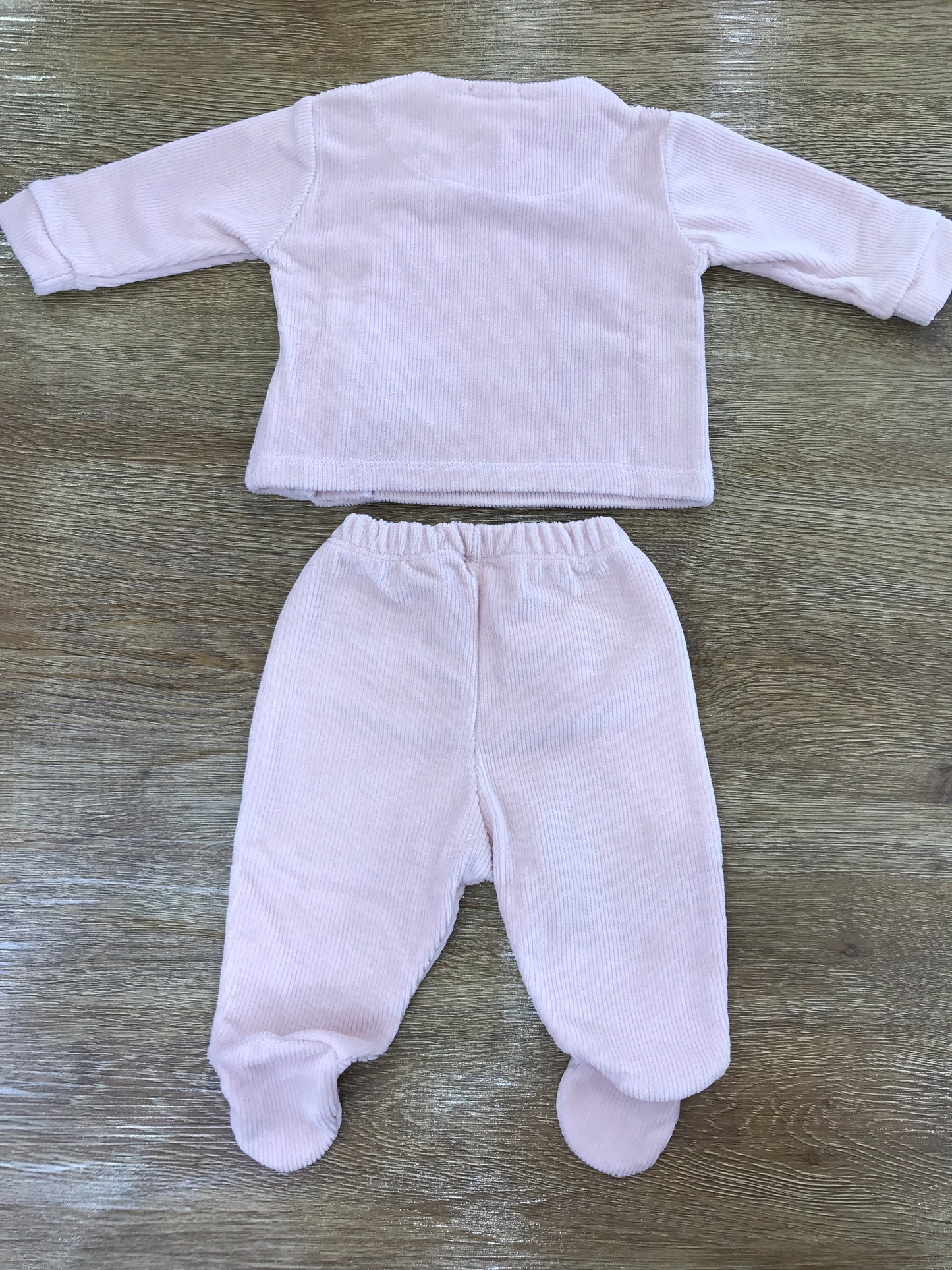 Tutina Nanan due pezzi ciniglia a costine rosa antico con apertura trasversale con fiocchetti