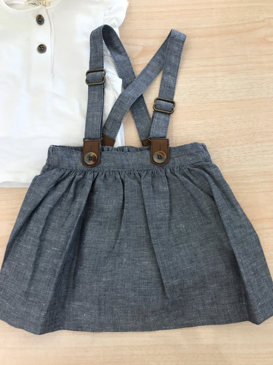 Completo Coccodè in cotone salopette con bretelle e gonnellina con t-shirt smanicata con rusche