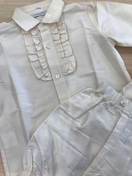 Completo Colibrì camicia manica lunga con rusche al centro e salopette a sbuffo con bretelle
