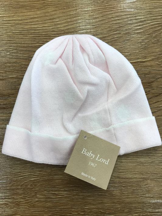 Cappello Baby Lord in filo rosa con risvolto e pois bianchi