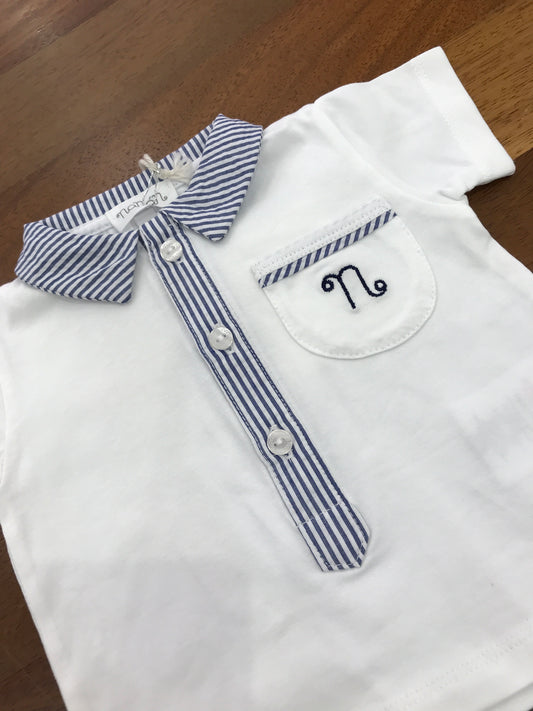 Completo Nanan due pezzi culotte a righe bianche e blu con bottoncini con t-shirt bianca mezza manica con collo blu a righe