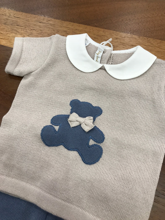 Completo Baby Lord in filo avio e tortora mezza manica con collo tondo bianco con orso centrale avio pantalone corto