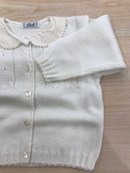 Cardigan Biebi panna traforato con bottoncini e colletto smerlato rosa chiaro