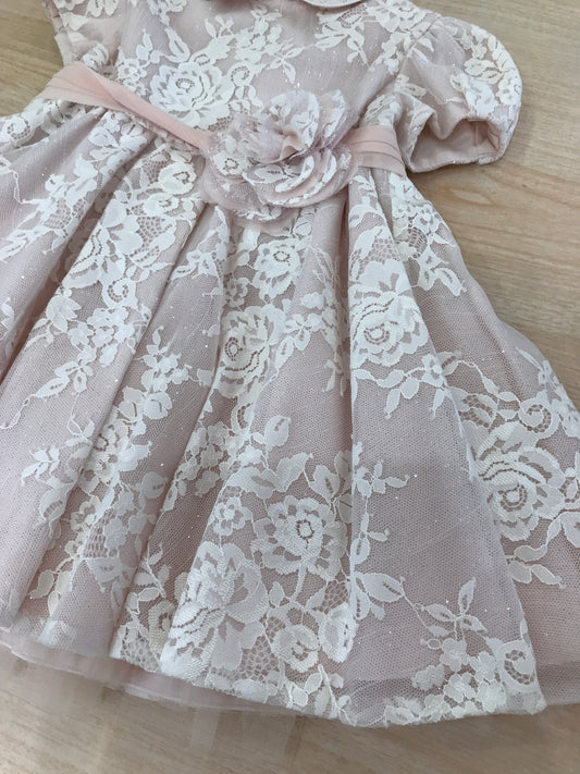 Abito Cielo Blu in cotone rosa mezza manica con strato in tulle rifinito da pizzo con fiore al centro