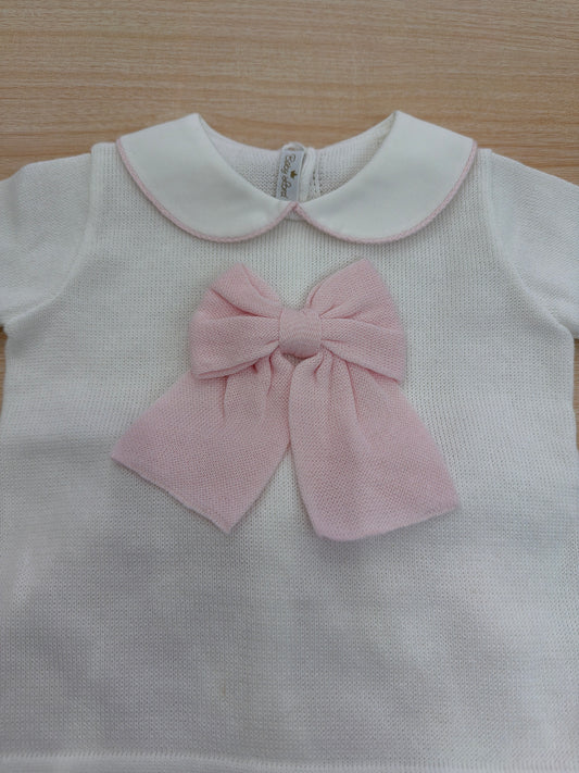 Completo Baby Lord in filo bianco mezza manica con fiocco centrale con gonna rosa plissettata