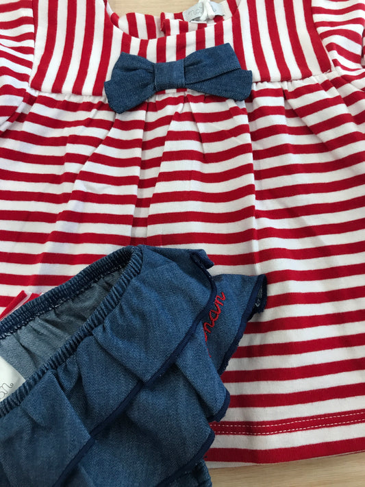 Completo Nanan t-shirt smanicata a righe rosse e bianche con culotte con rusche blu con fiocco sul retro