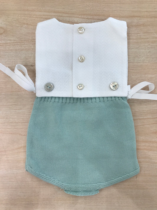 Pagliaccetto Paz Rodriguez in cotone bianco con culotte in filo verde con pois in rilievo