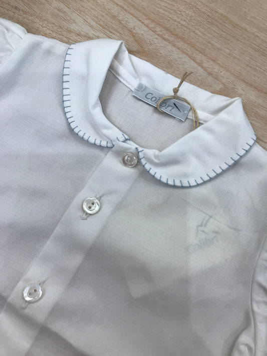 Camicia Colibrì in cotone mezza manica a sbuffo con colletto rifinito in celeste