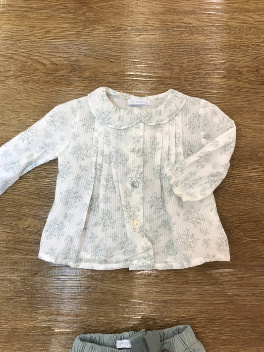Completo Laranjinha camicia manica lunga con fiorellini verdi e culotte in velluto a coste verde con laccio