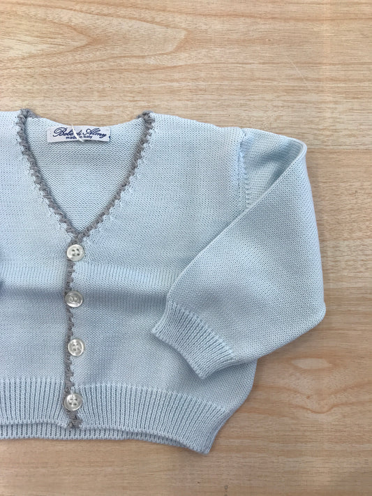 Cardigan Bebè di Almy in filo celeste con rifiniture grigie