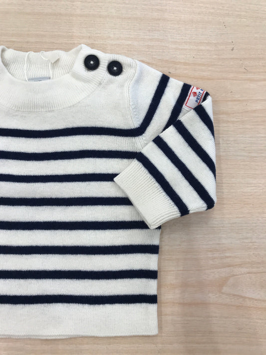 Maglioncino Petit Bateu in lana panna a righe blu scuro con due bottoncini laterali