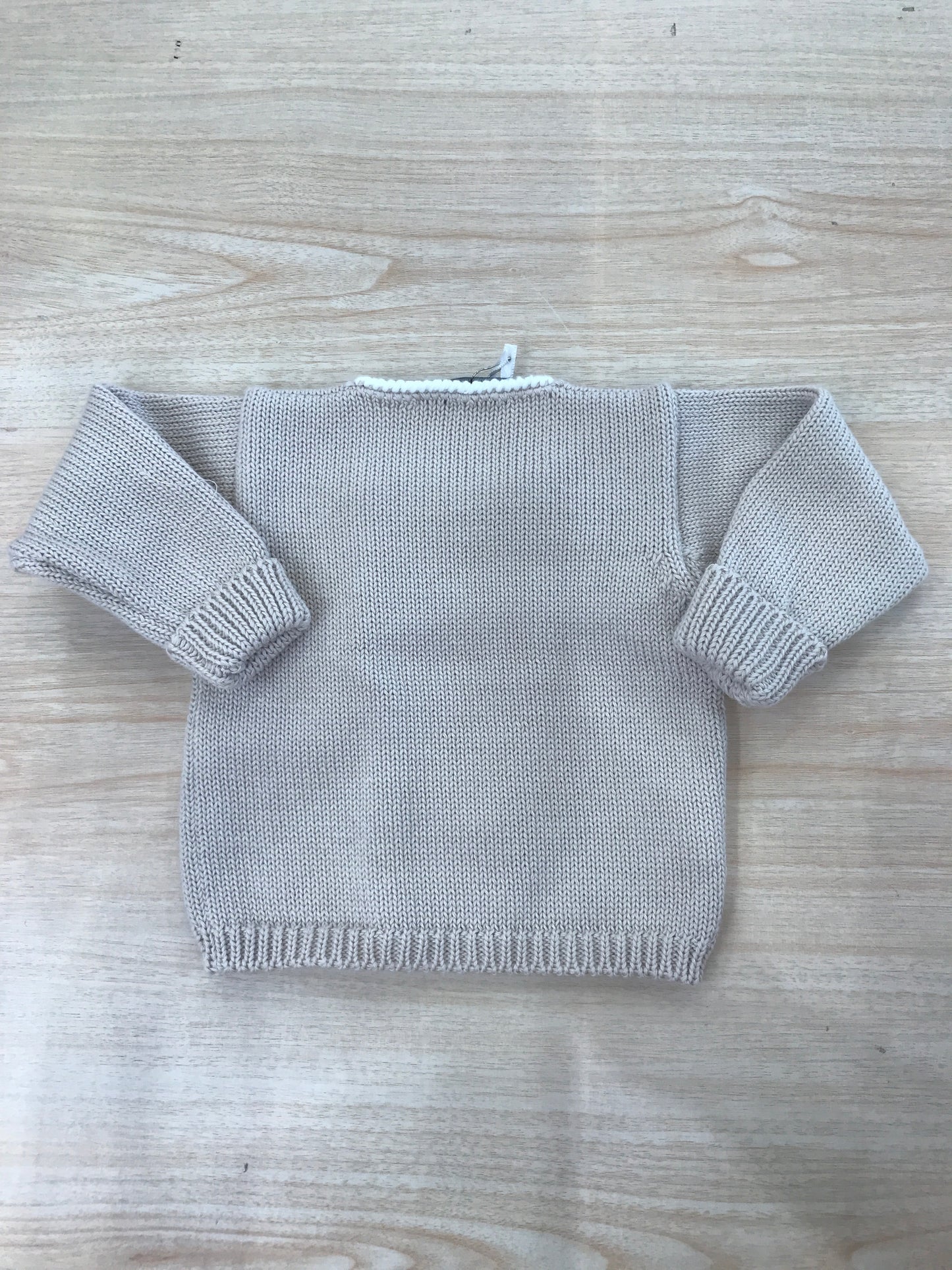 Cardigan Colibrì in filo tortora manica lunga con rifiniture bianche doppiopetto con taschino laterale