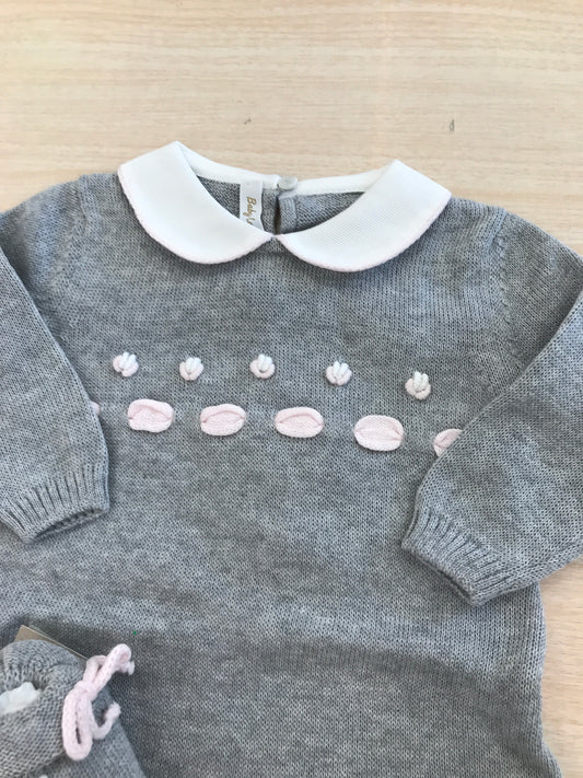 Tutina Baby Lord in filo manica lunga gamba lunga grigia con passanastro e fiori rosa