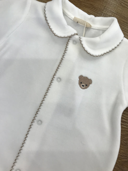 Tutina Baby Gi in ciniglia intera panna rifinita tortora con orsetto ricamato