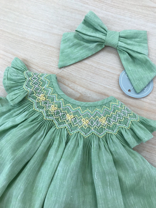 Completo Belan in cotone verde due pezzi abitino smanicato con lavorazione sul corpetto culotte abbinata