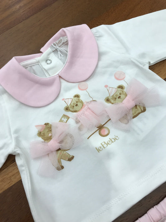 Tutina Le Bebè due pezzi in cotone bianco e rosa colletto rosa sul davanti tre delicati orsetti