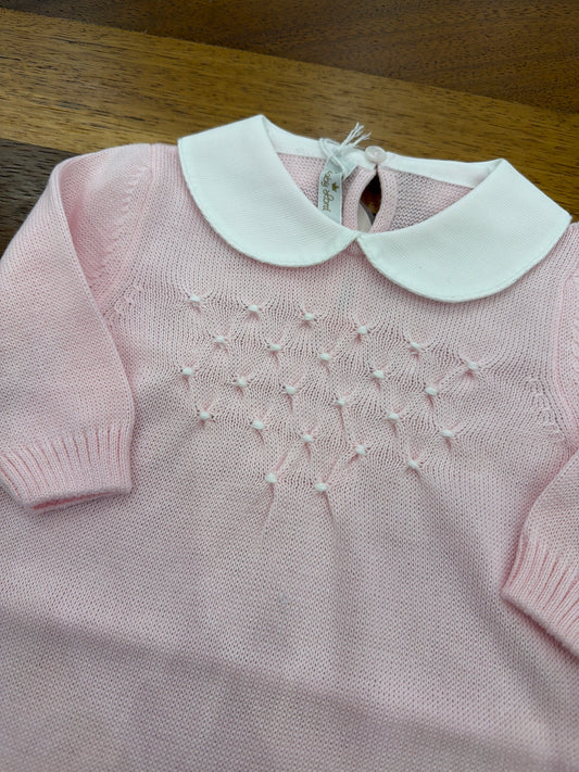 Tutina Baby Lord in filo manica lunga rosa con lavorazione di punto smock bianco