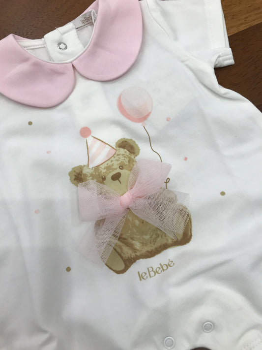 Pagliaccetto Le Bebè in cotone mezza manica con collo tondo rosa con orsetto al centro