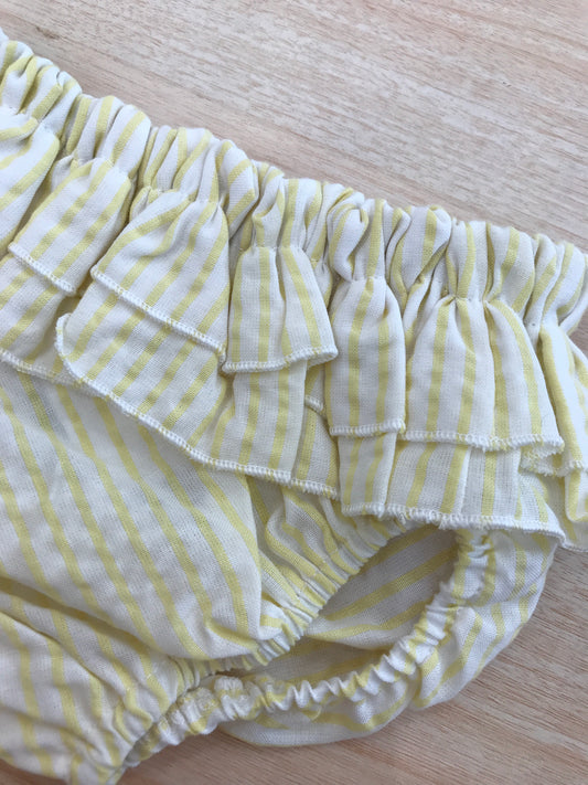 Costume Coccodè in cotone giallo con doppia ruche a righe bianche e gialle