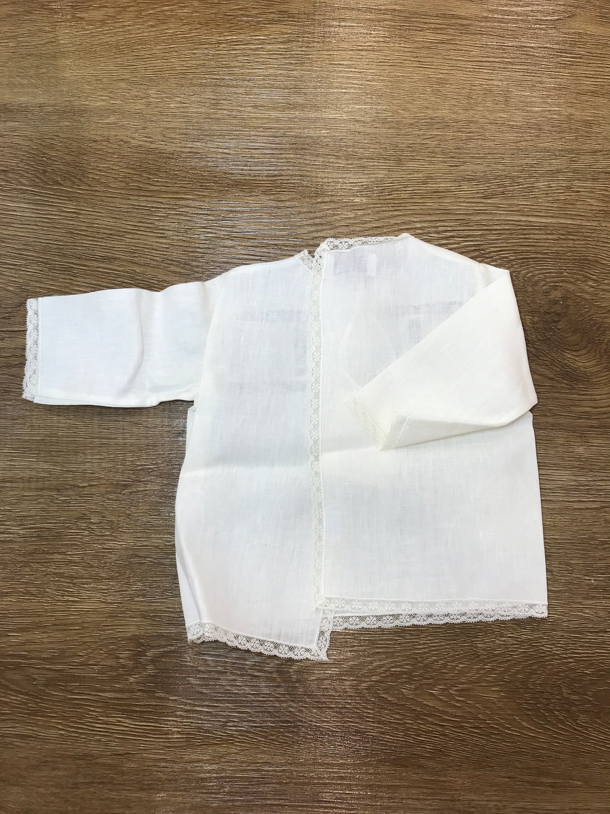 Camicino Piccola Giuggiola in lino manica lungo con applicazione di valancienne e piccoli fiorellini