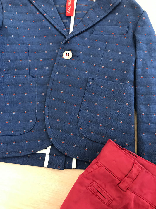 Completo John Twig giacca blu con ricami rossi e pantalone lungo rosso scuro