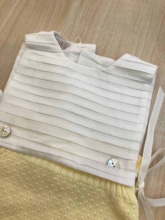 Pagliaccetto Paz Rodriguez in filo giallo con corpetto bianco a righe con lacci laterali