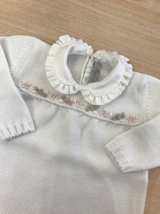 Tutina Colibrì in filo di cotone manica lunga con colletto con rusche con lavorazione di fiori rosa e tortora sul petto