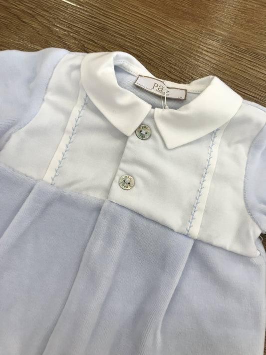 Tutina Paz Rodriguez intera in ciniglia celeste con corpetto decorato da finta camicia con ricami