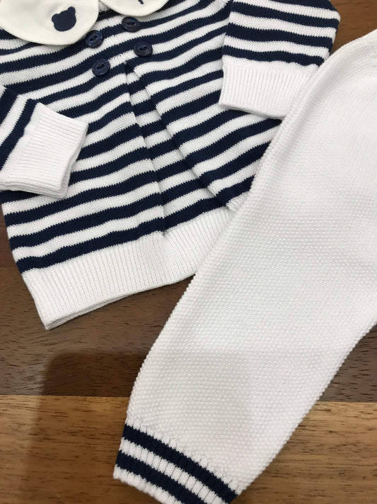 Completo Nanan due pezzi in filo a righe bianco e blu con orsetto sul colletto