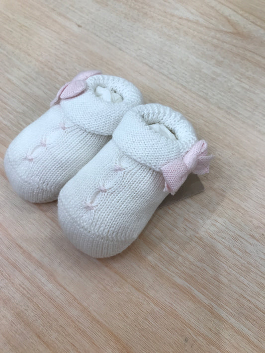 Babbucce Baby Lord in filo bianche con punto smock rosa con fiocchetto laterale