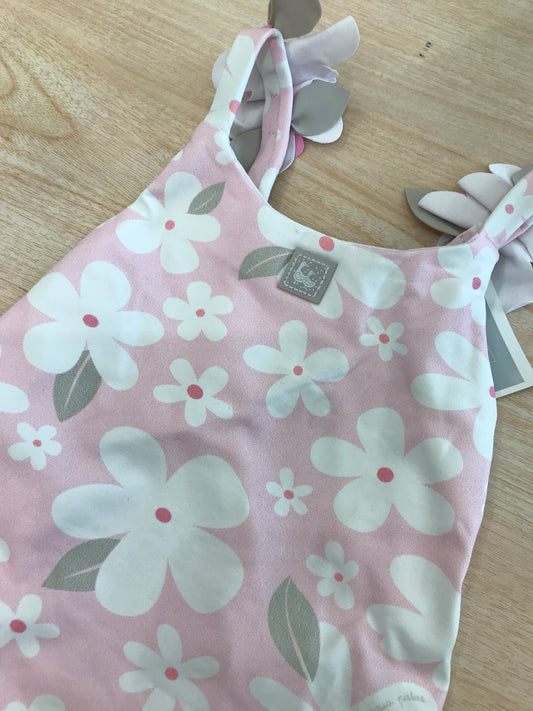 Costume Al agua Patos rosa con fiorellini bianchi e fiori in rilievo applicati sulle bretelle