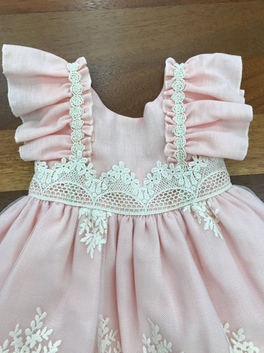 Abito Lilus in cotone smanicato con rusche lavorazione di pizzo su spalline e corpetto gonnellone lavorato da pizzo sul retro elegante fiocco