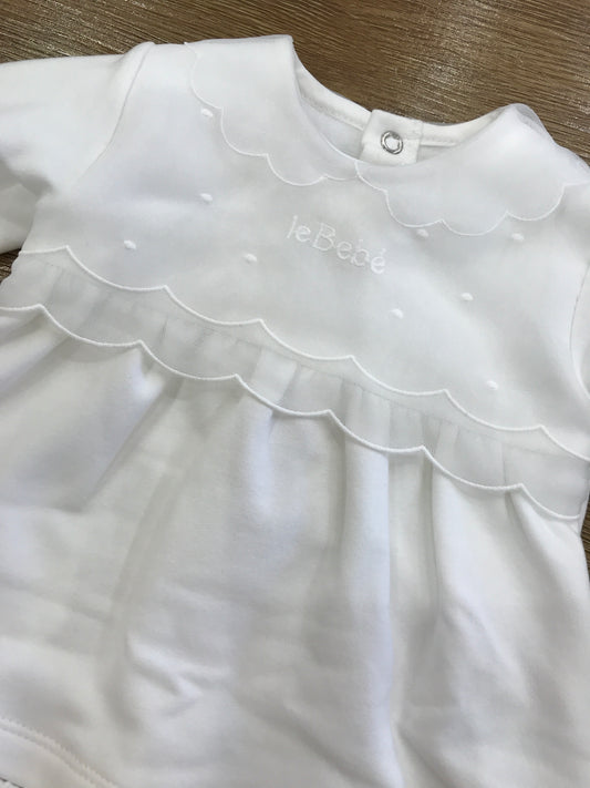 Tutina Le Bebè in caldo cotone bianca due pezzi pantalone con piedini e dettaglio sul corpetto